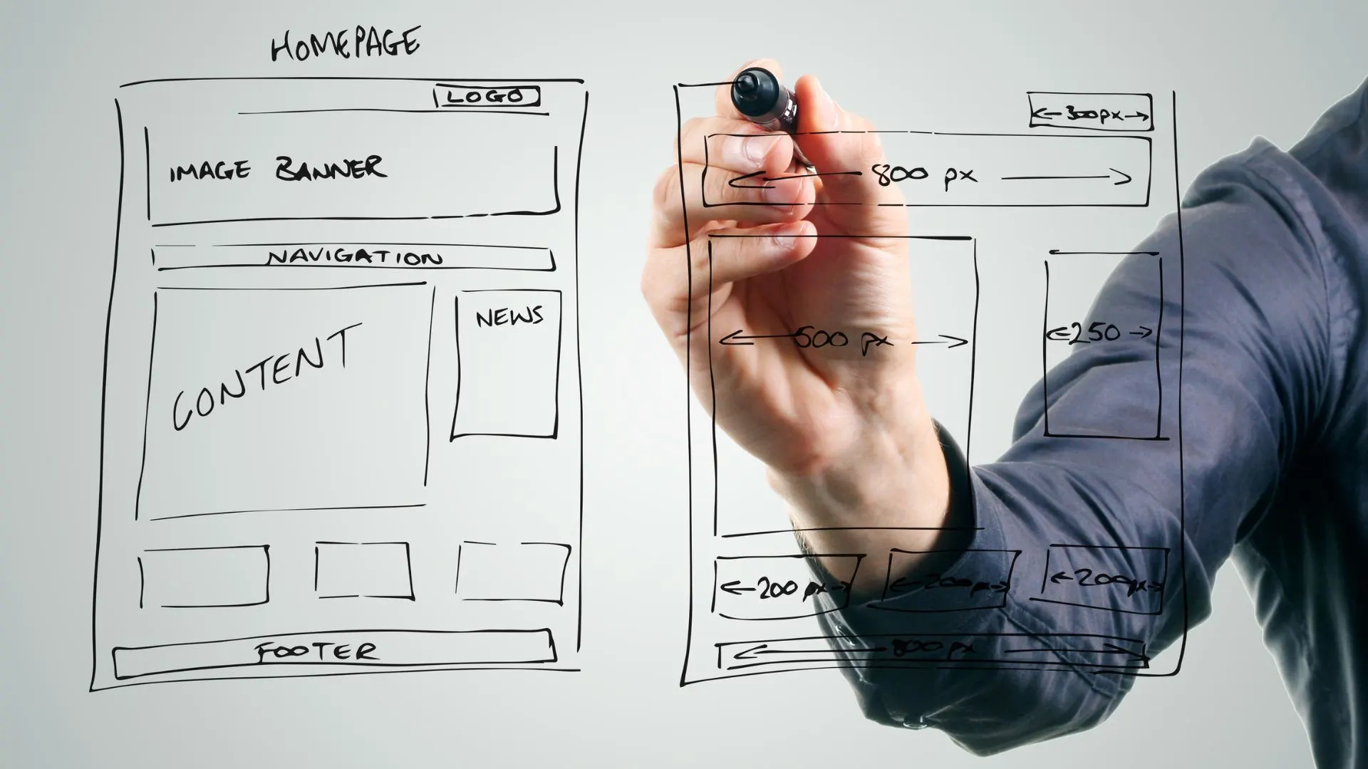Web design workspace with wireframes and sketches