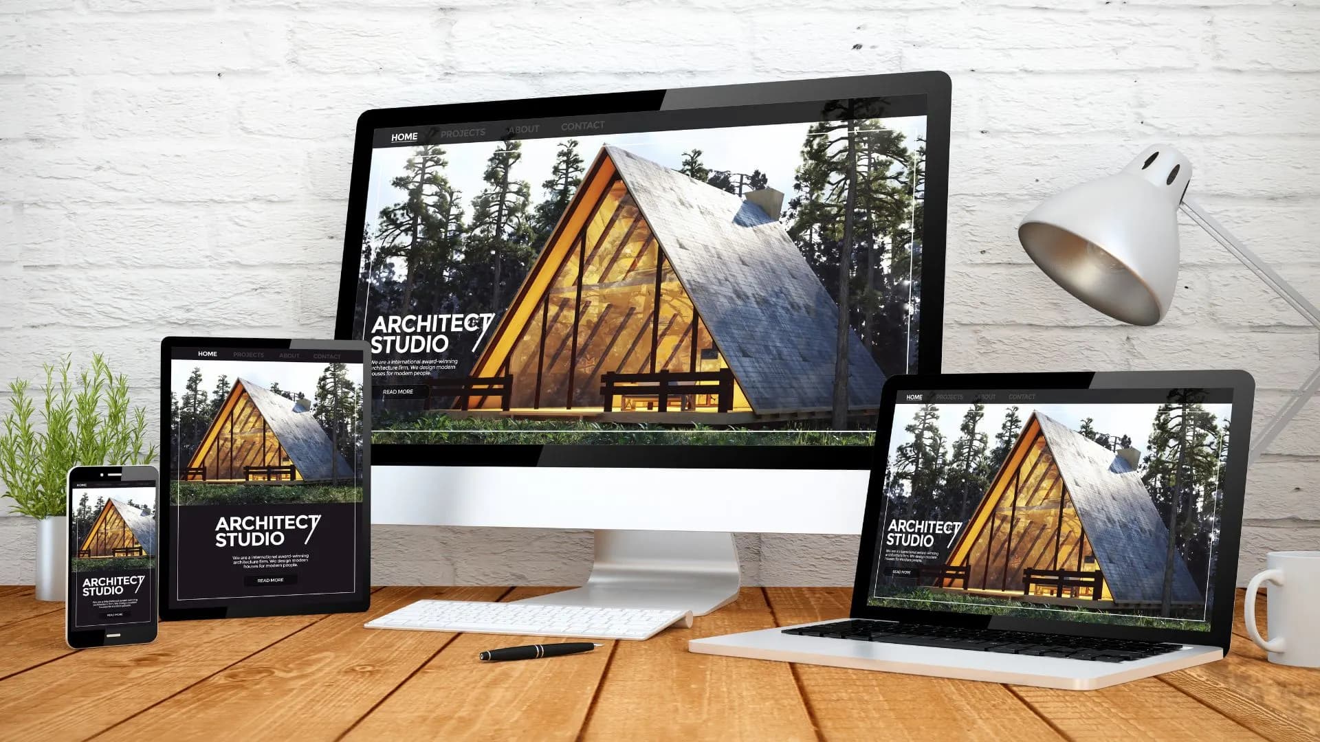 An estate agent website with property listings shown on desktop, tablet and mobile
