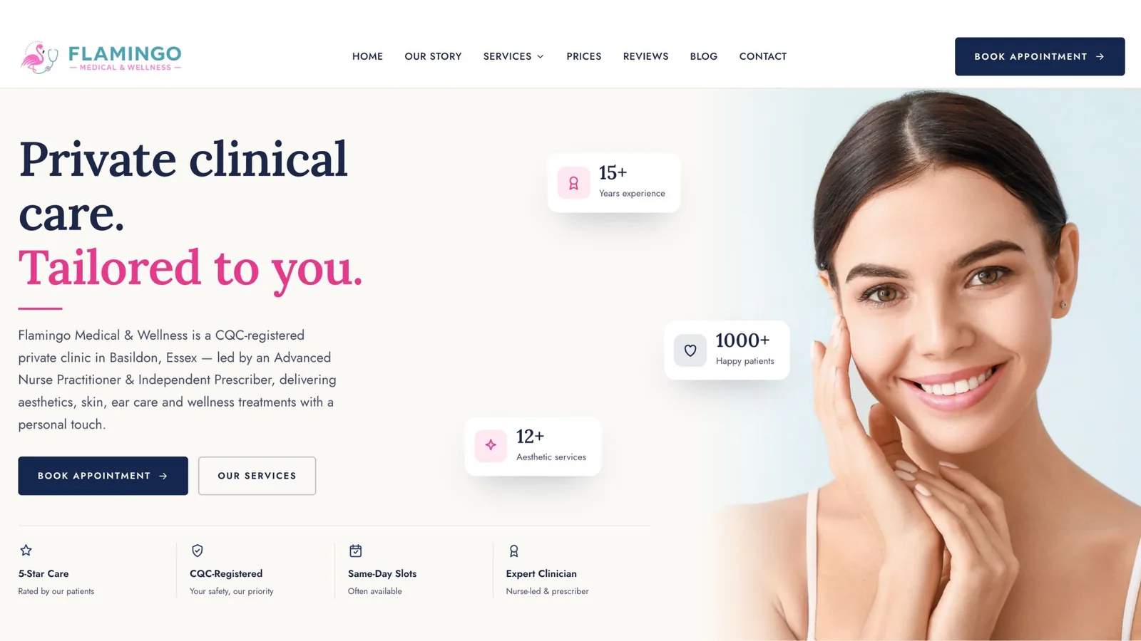 Homepage of the Flamingo Medical & Wellness website, a CQC-registered private clinic in Basildon, Essex