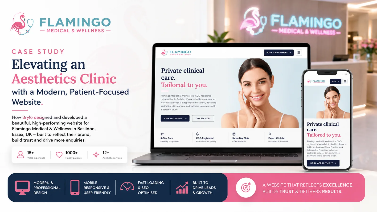 Brylo case study: the new Flamingo Medical & Wellness website shown on laptop and mobile, for a CQC-registered aesthetics clinic in Basildon, Essex
