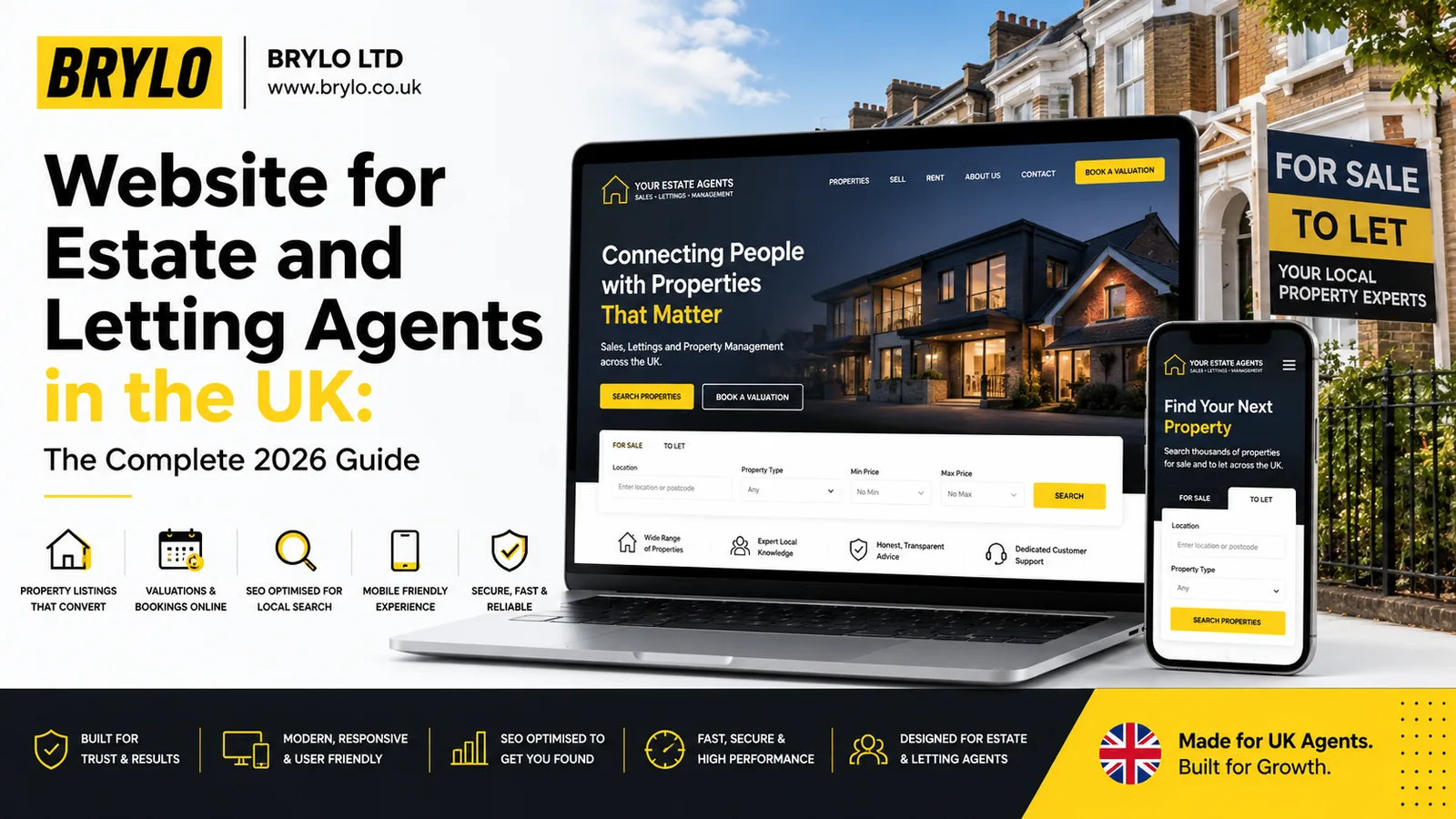 Brylo guide to estate and letting agent websites in the UK, with property listings shown on a laptop, tablet and phone