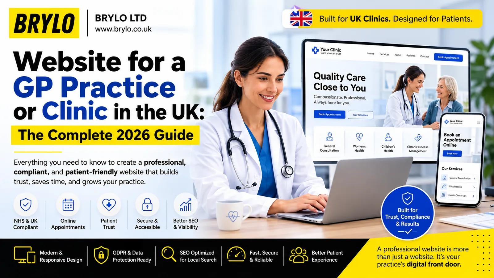 Brylo guide to GP practice and clinic websites in the UK, with a doctor at a laptop beside a clinic website shown on desktop and mobile