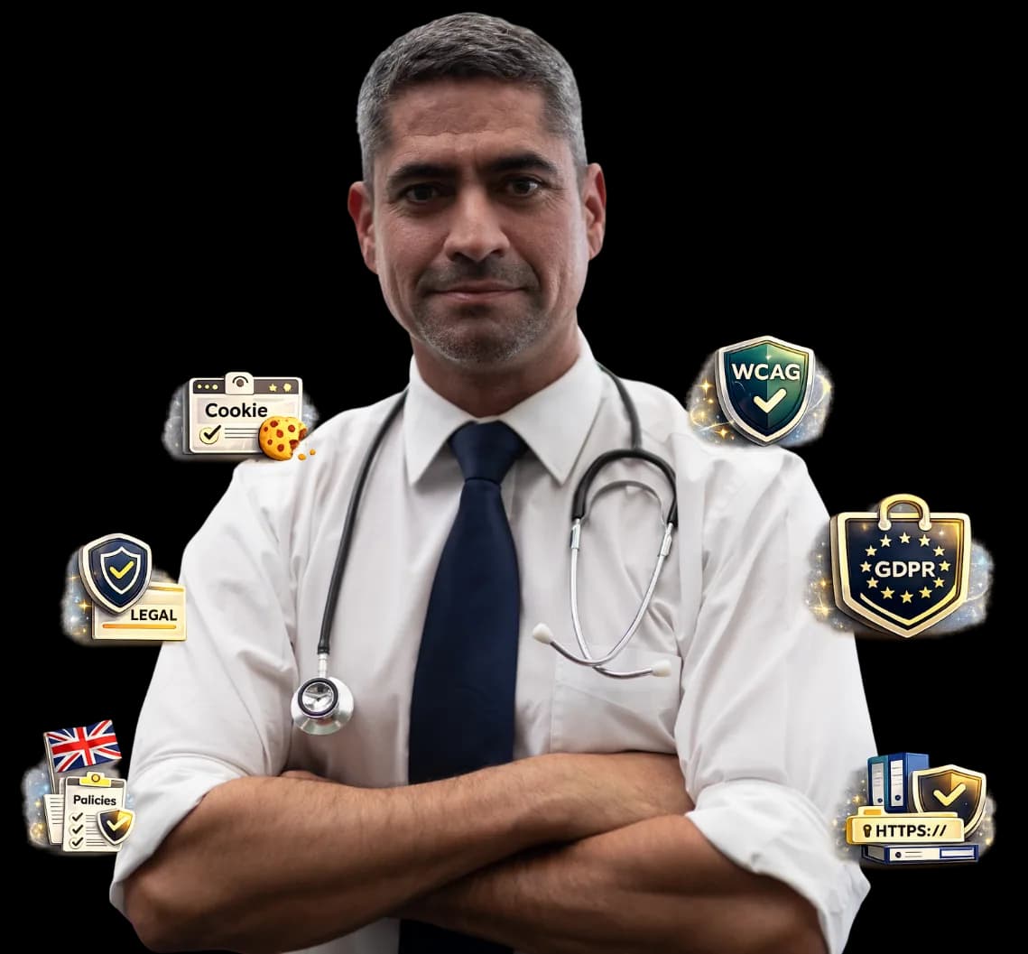 A UK doctor with arms crossed, surrounded by clear website compliance badges for cookie consent, WCAG accessibility, GDPR, HTTPS security and legal policies