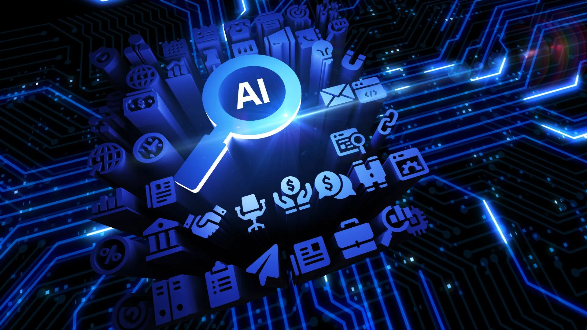 A stylised AI symbol at the centre of a circuit board, surrounded by business process icons for automation